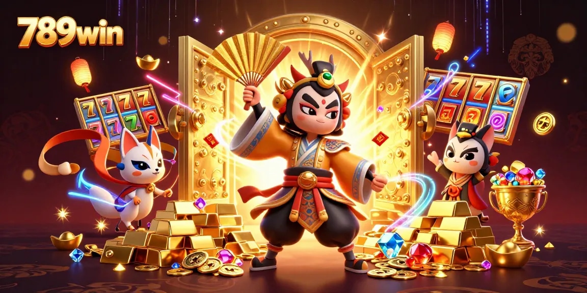 An immersive 3D scene showcasing the captivating play of chance at 789win with ornate characters and gaming elements surrounding them.