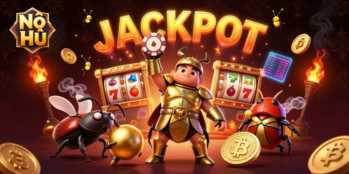 Experience excitement with Nổ Hũ as the victorious beetle lifts a poker chip, surrounded by dynamic casino elements.