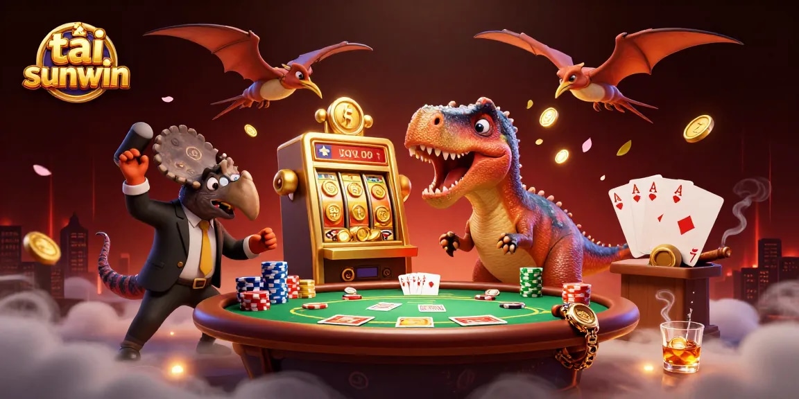 Experience the excitement of tải sunwin with a dynamic 3D illustration of a dino-themed casino scene.