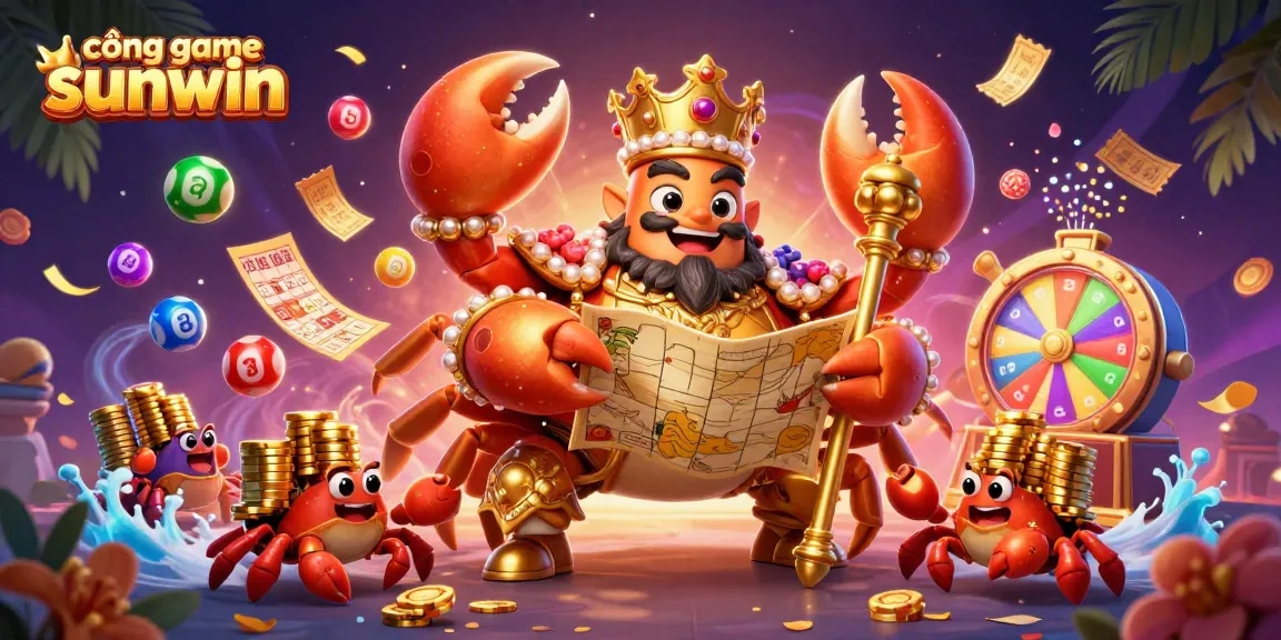 Engage with cổng game sunwin featuring a golden crab emperor amidst dynamic casino elements.