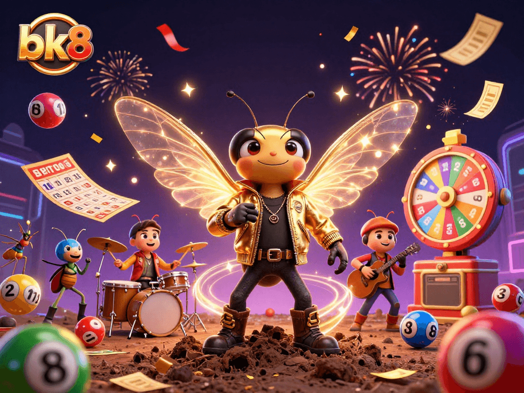 Engage with bk8's vibrant atmosphere of excitement and fun, showcasing lively characters and casino elements.