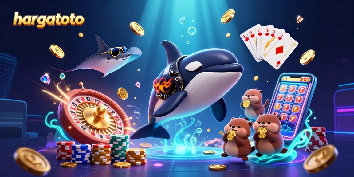 Pemain Hargatoto merayakan kemenangan besar dengan koin emas yang cerah dan elemen 3D dari permainan yang menarik
