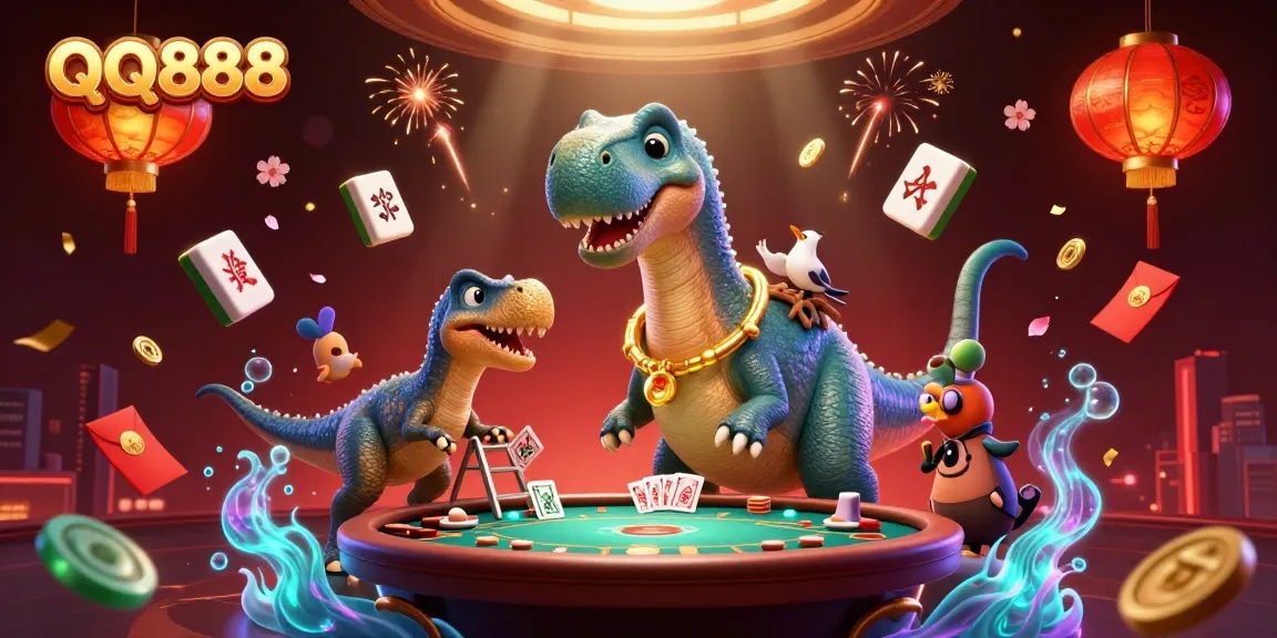 Experience thrilling gaming at QQ888 with a vibrant 3D casino illustration featuring dynamic characters.