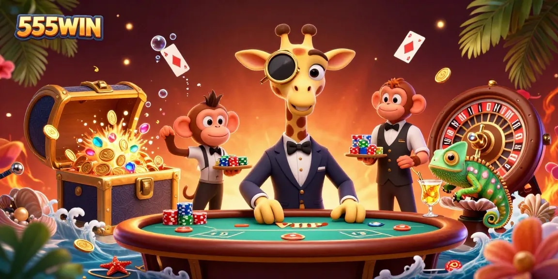 Join the excitement at 555WIN with a high-roller giraffe enjoying a thrilling poker game.