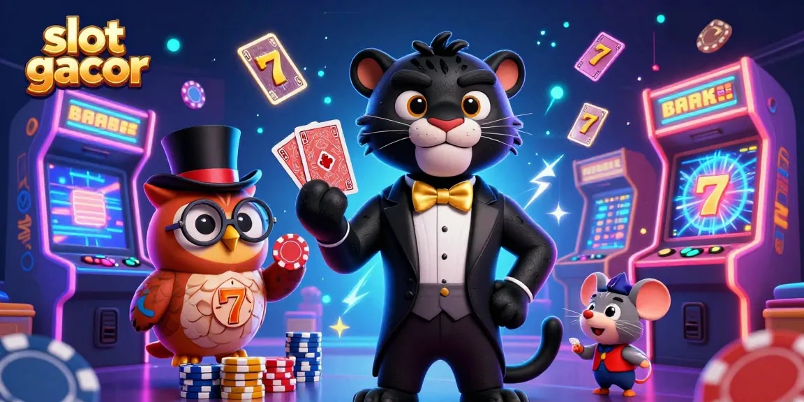Engage with the slot gacor scene featuring a stylish black panther, an owl with poker chips, and a lucky mouse.