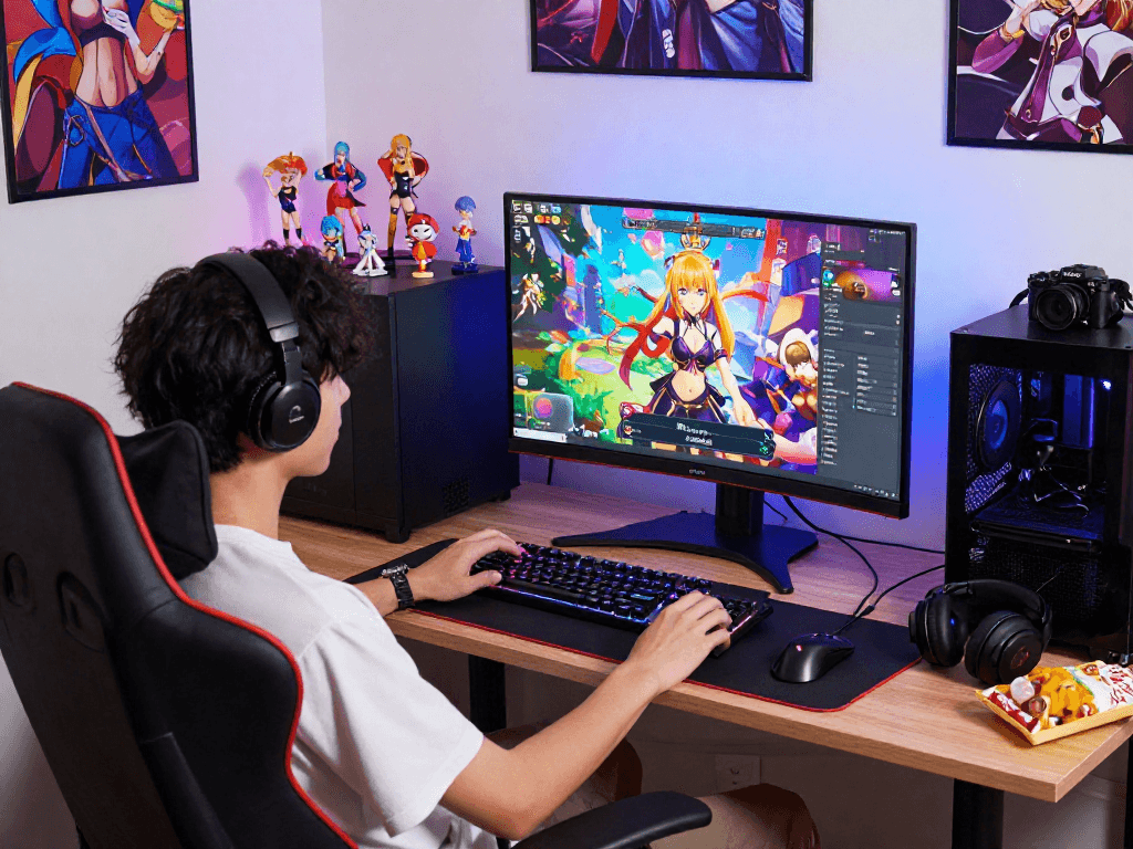 Immersive hentai game setup showcasing vibrant characters and gaming peripherals.