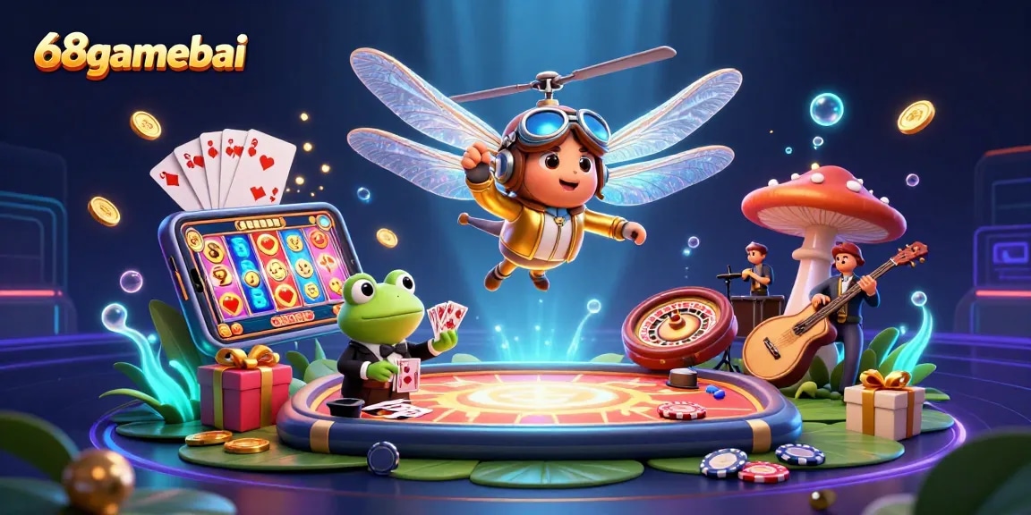Experience the excitement of 68gamebai as a frog croupier deals cards at a vibrant lily pad casino.