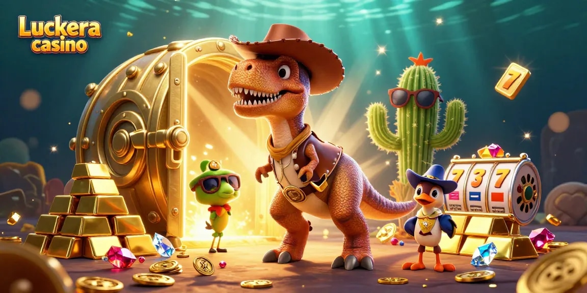 Experience Luckera casino excitement with a T-Rex and friends in a vibrant 3D layout.