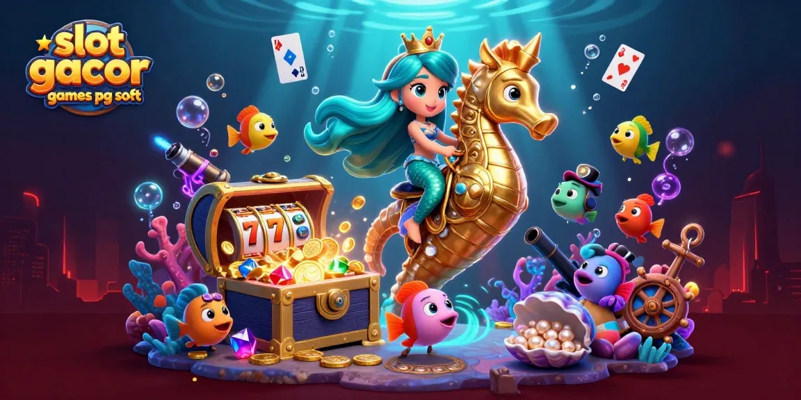 Engage in vibrant action with slot gacor games pg soft featuring colorful characters, slot elements, and aquatic treasures.