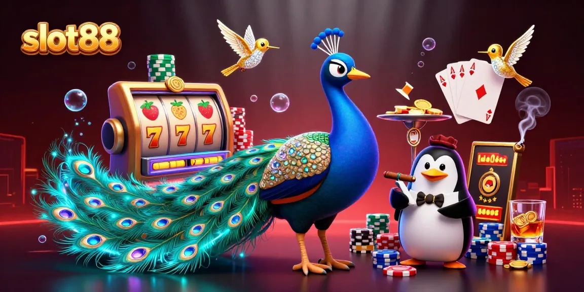 Mainkan slot88 dengan gaya megah, merak dan pelayan penguin merayakan kemenangan di kasino online.