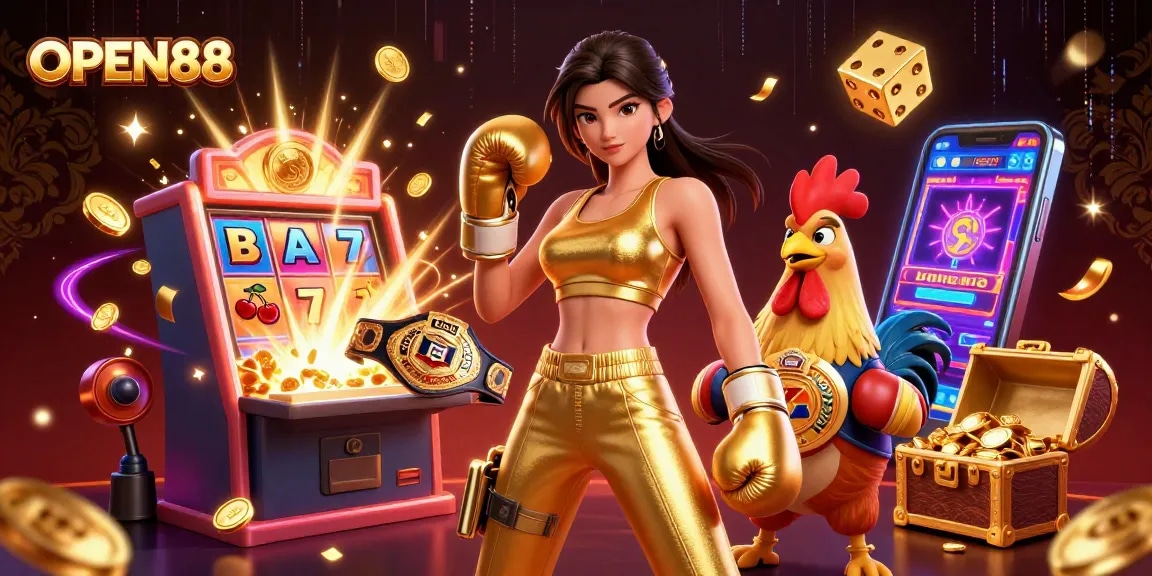 Engage with OPEN88's thrilling casino experience featuring vibrant 3D characters and dynamic elements.