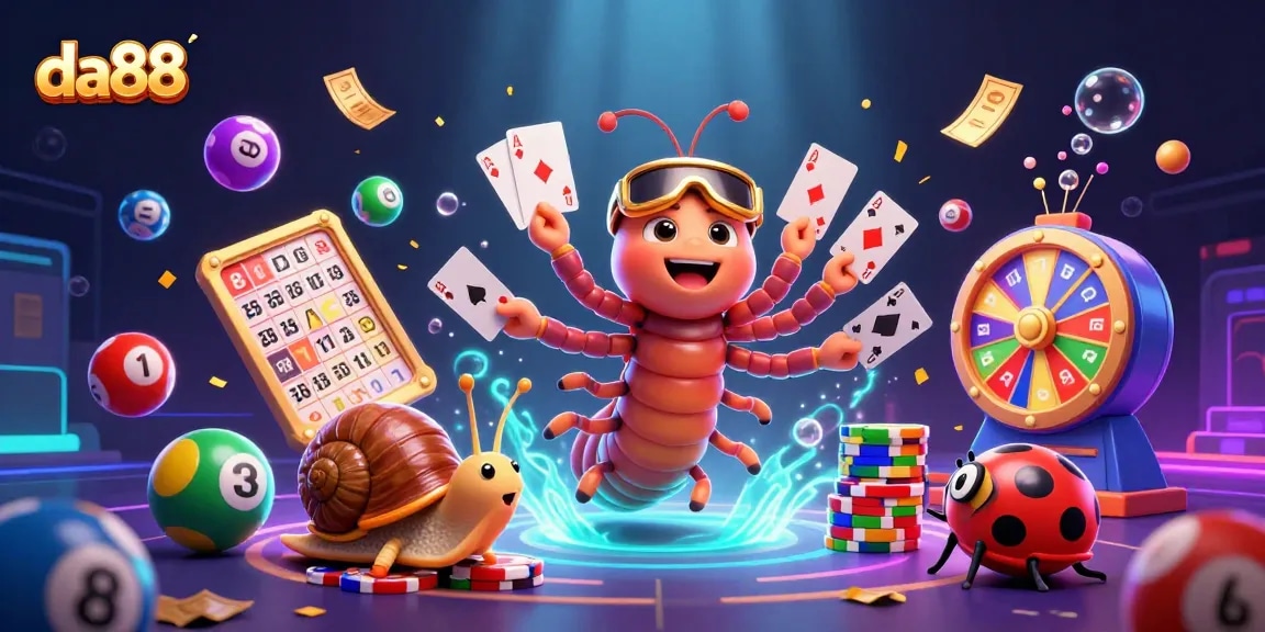 Experience the excitement of casino gaming at da88 with a dynamic illustration showcasing thrilling lottery and gaming elements.