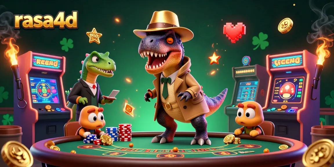 Rasa4D menghadirkan si velociraptor bermain blackjack dengan suasana kasino yang seru dan ramai.