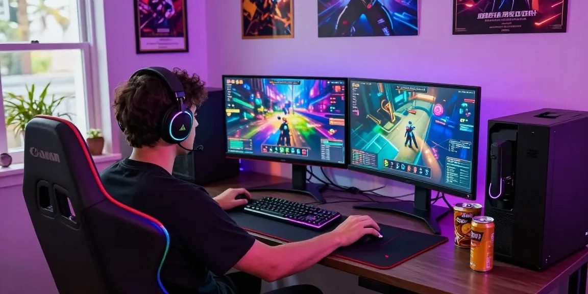 Gamer at home enjoying online gaming on dual monitors, showcasing Mahajitu.