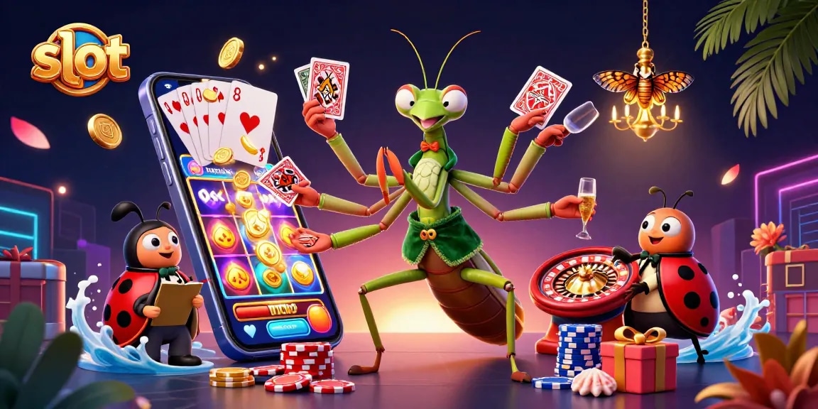 Menangkan slot dengan karakter kasino unik dalam ilustrasi kasino digital 3D yang penuh warna.