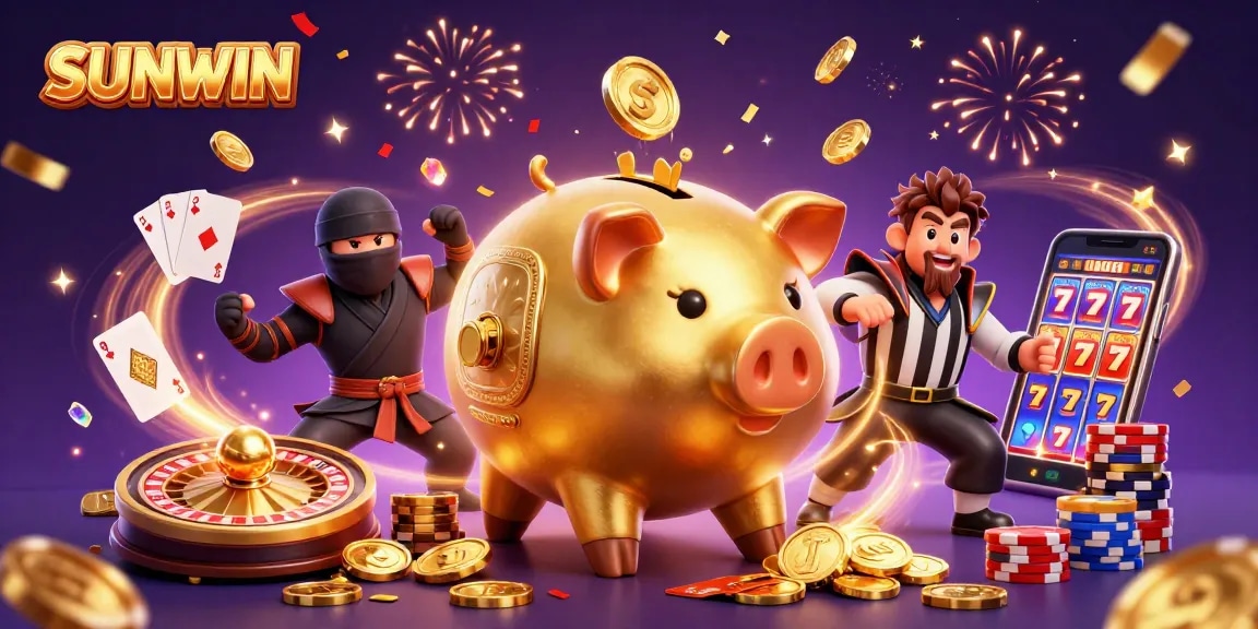 SUNWIN online casino illustration featuring an enormous golden piggy bank, colorful poker chips, and sparkling gems