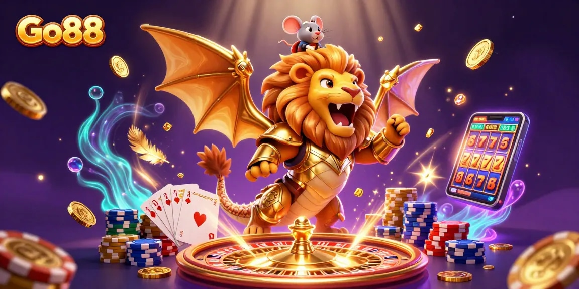 Experience winning thrills with Go88 as a roaring chimera and mouse jockey amidst cascading coins and gems.