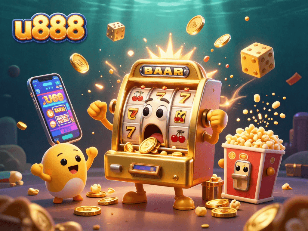 Experience the excitement at u888 with slot machines celebrating jackpot wins among dazzling casino elements.