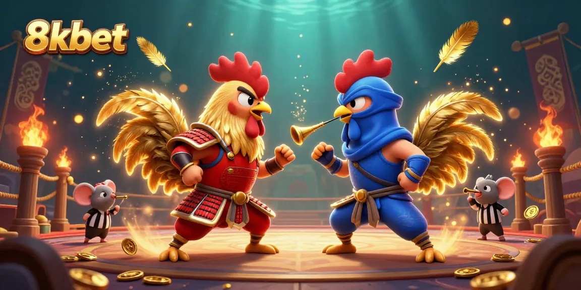 Engage with exciting 8xbet action featuring dynamic rooster fight scene with casino themes.