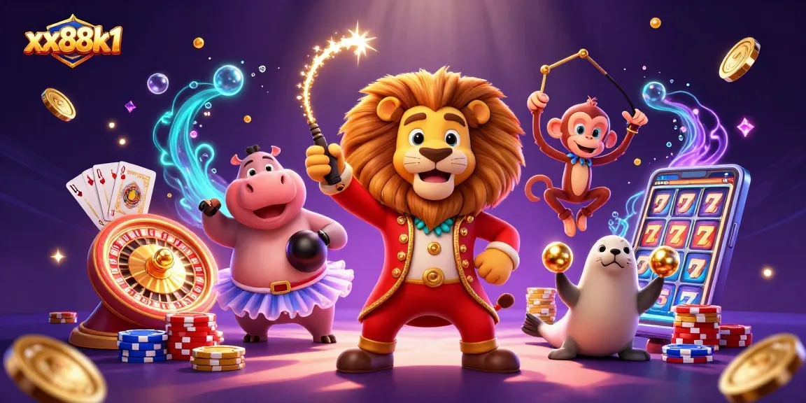 Experience thrilling play at xx88k1 with circus elements, dazzling gems, and casino-themed excitement.
