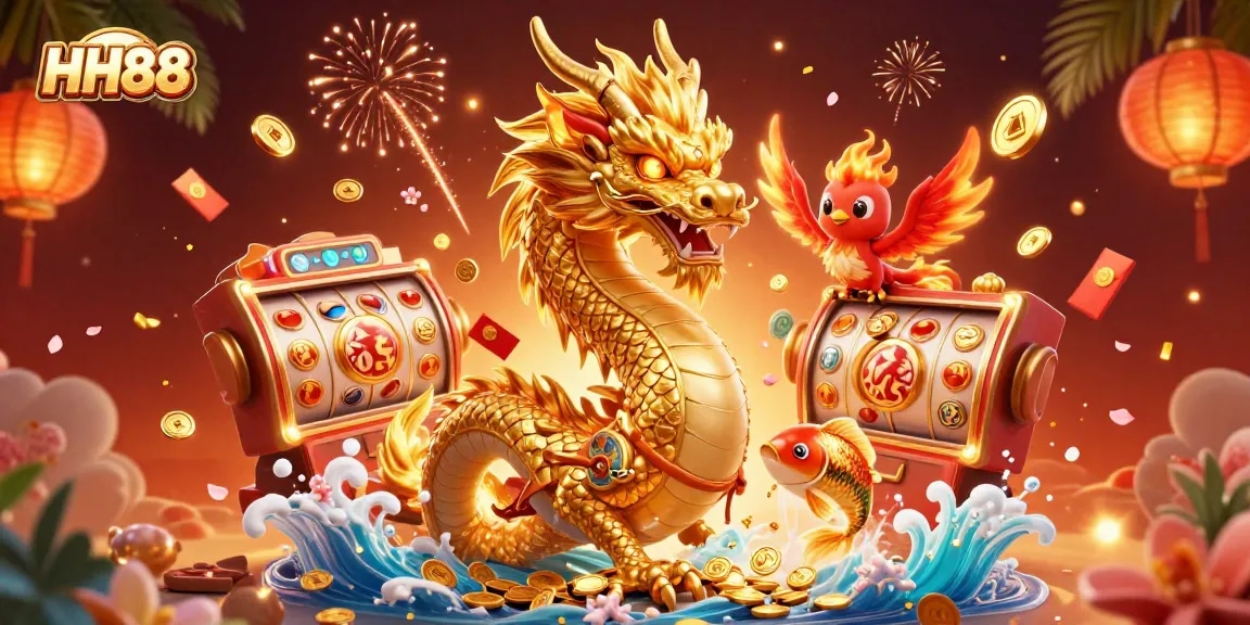 Engage in thrilling gameplay at HH88 while witnessing a fierce dragon and phoenix amidst slot machine excitement.
