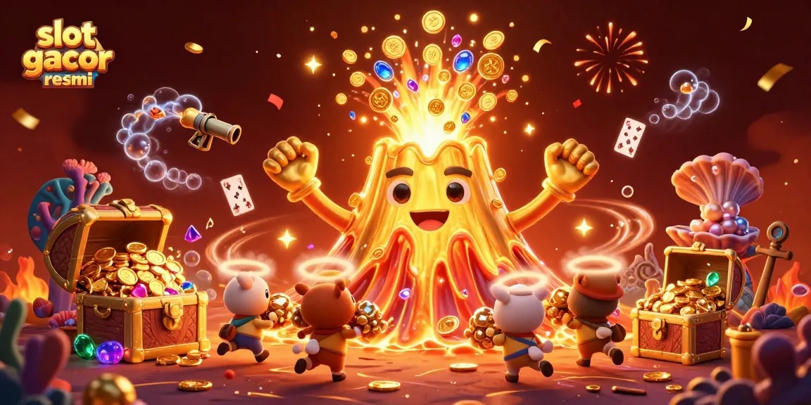 Menangkan jackpot di slot gacor resmi dengan lava emas dan karakter menang.