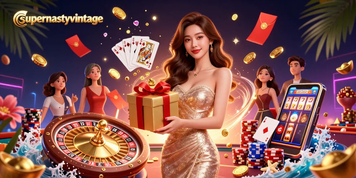 Spin to win with supernastyvintage in a vibrant casino scene featuring a glamorous model and festive elements.