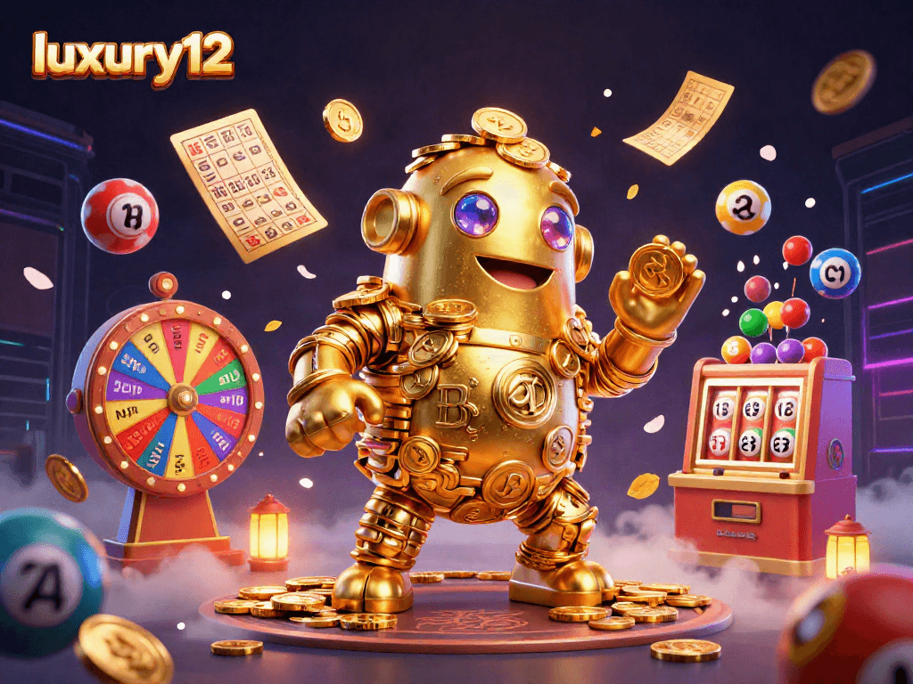 Engage with the vibrant luxury12 casino scene featuring a golden golem amidst dynamic lottery elements.