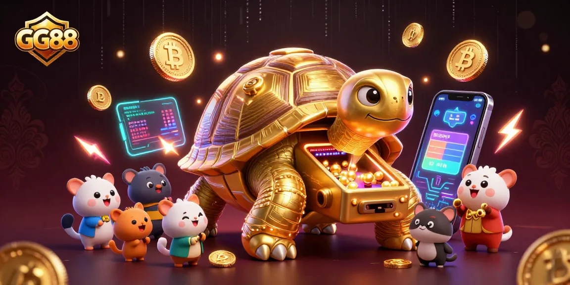 Gamblers engage with GG88's colossal tortoise-themed pinball casino game filled with crypto excitement.