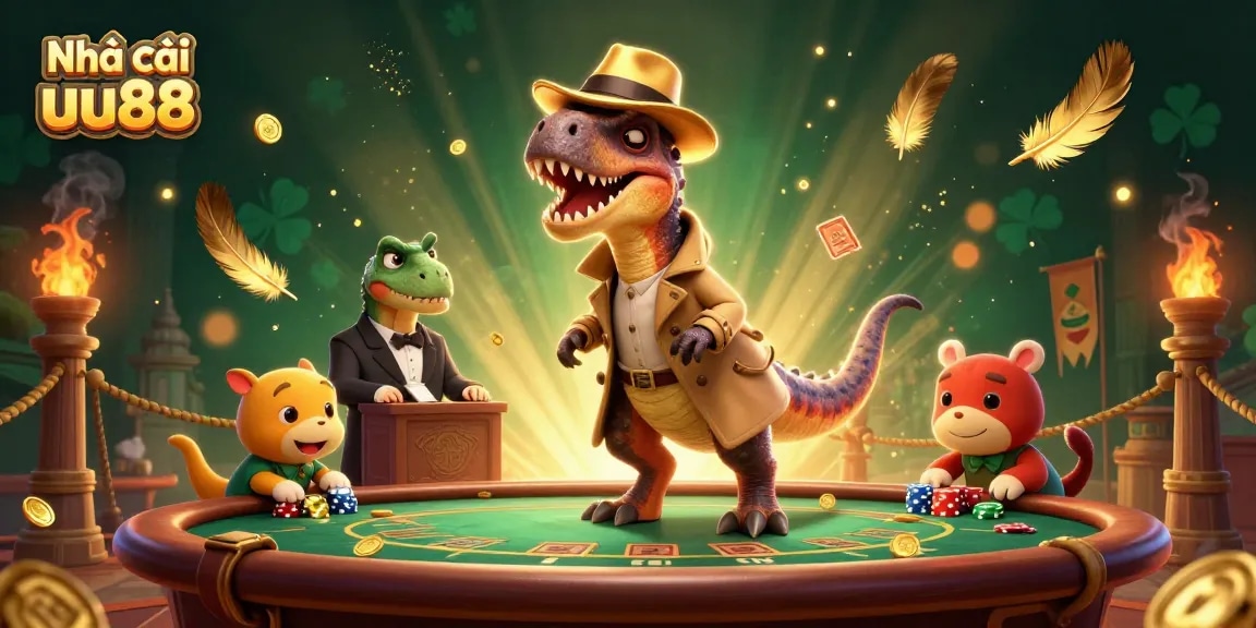 Experience thrilling games at Nhà cái uu88 with a cartoon velociraptor counter and stegosaurus pit boss in a vibrant casino setting.