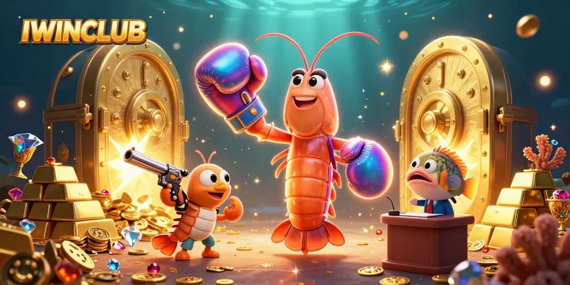 IWINCLUB offers thrilling gaming adventures with a vibrant underwater scene featuring characters and treasures.