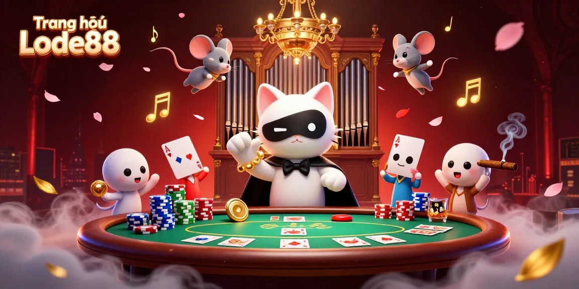 Engage on Trang chủ Lode88 with a vibrant casino scene featuring a phantom cat and poker elements.