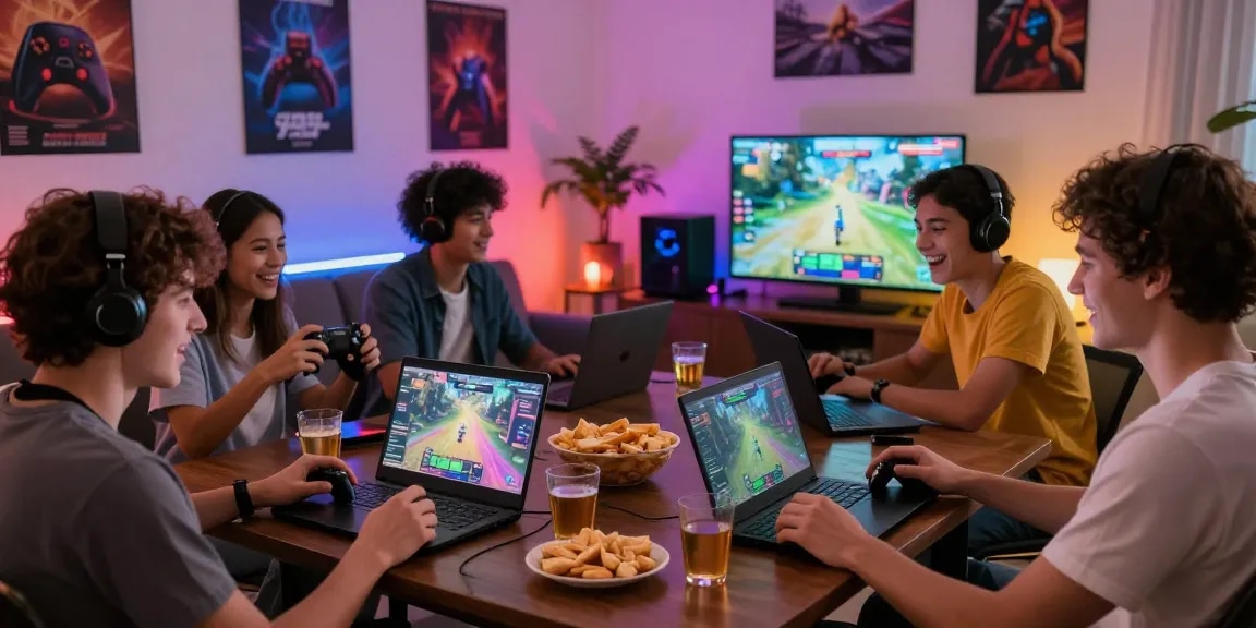 Players immersed in y999-game mods during a vibrant gaming night, showcasing excitement.