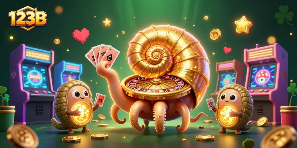 Join the excitement at 123B with a colorful 3D casino scene featuring a nautilus roulette wheel.