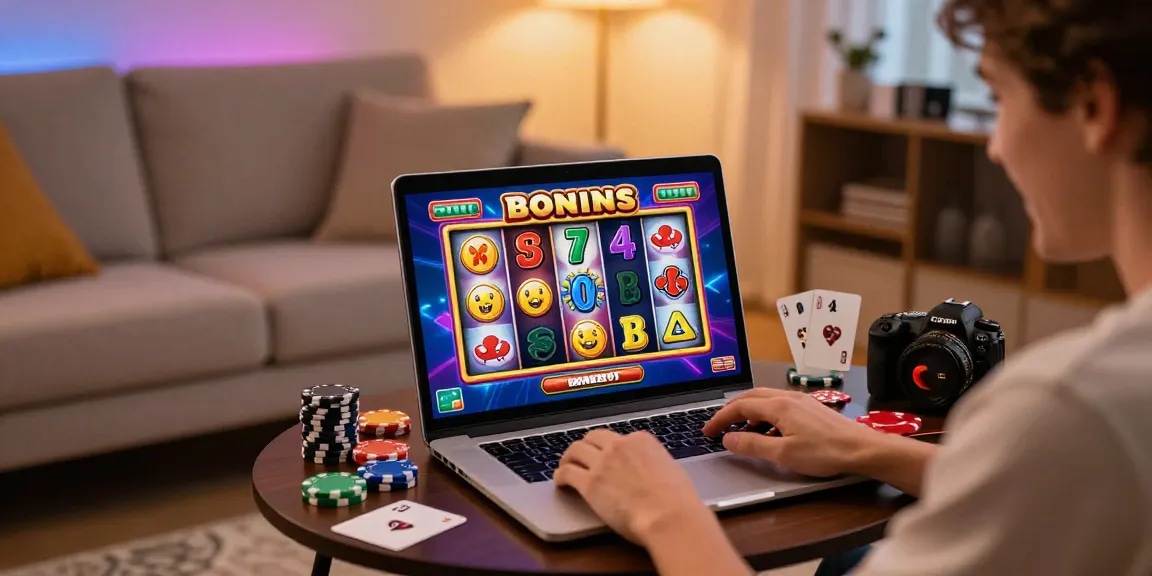Engaged player enjoying bonus buy slots UK in a cozy living room, showcasing excitement with colorful graphics and casino elements.