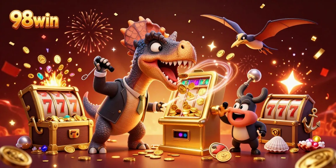 Witness 98win's thrilling jackpot as a pachycephalosaurus triggers a golden slot machine amidst chaos and flying coins.