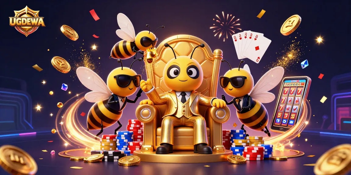 Engage with UGDEWA's thrilling slots experience featuring dazzling golden casino elements and characters.