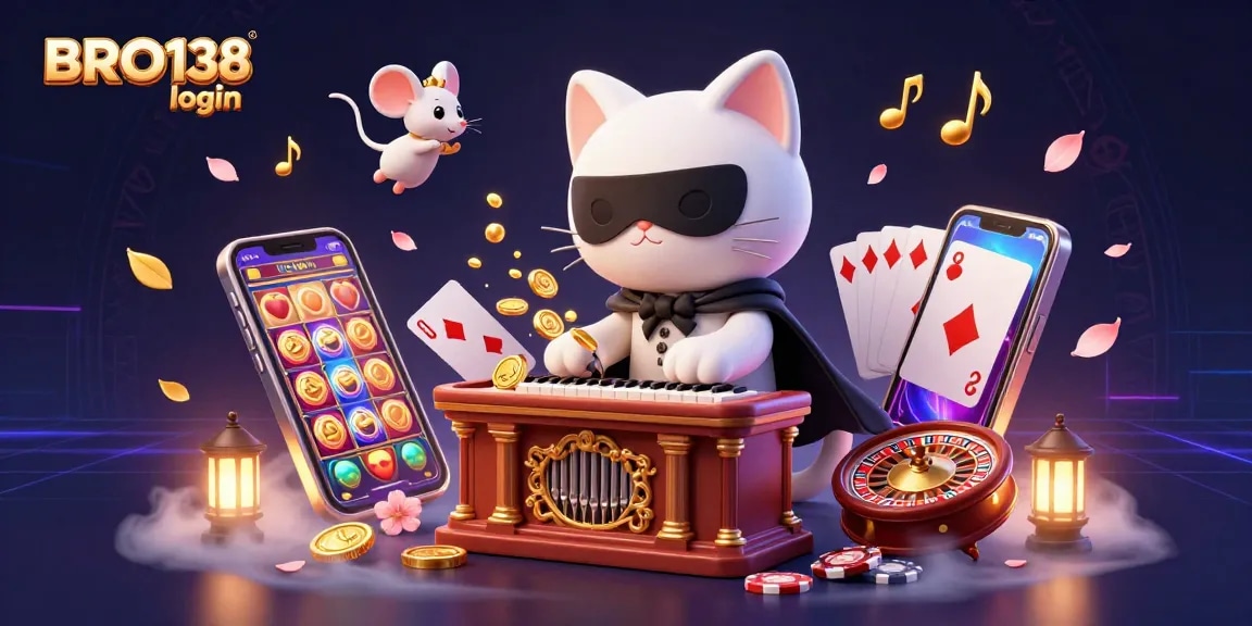 Engage with exciting slot games at BRO138 login, featuring a dynamic casino scene with playful characters and golden rewards.