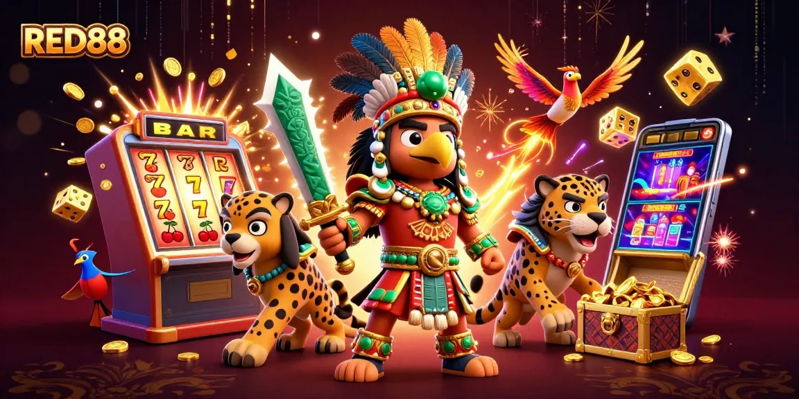 Experience the thrill of RED88 with a vibrant casino scene featuring jackpot explosions and dynamic game elements.