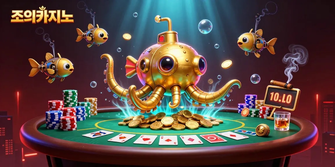 Experience the thrill of playing at 조이카지노 with a captivating underwater casino scene featuring poker elements and a golden kraken.