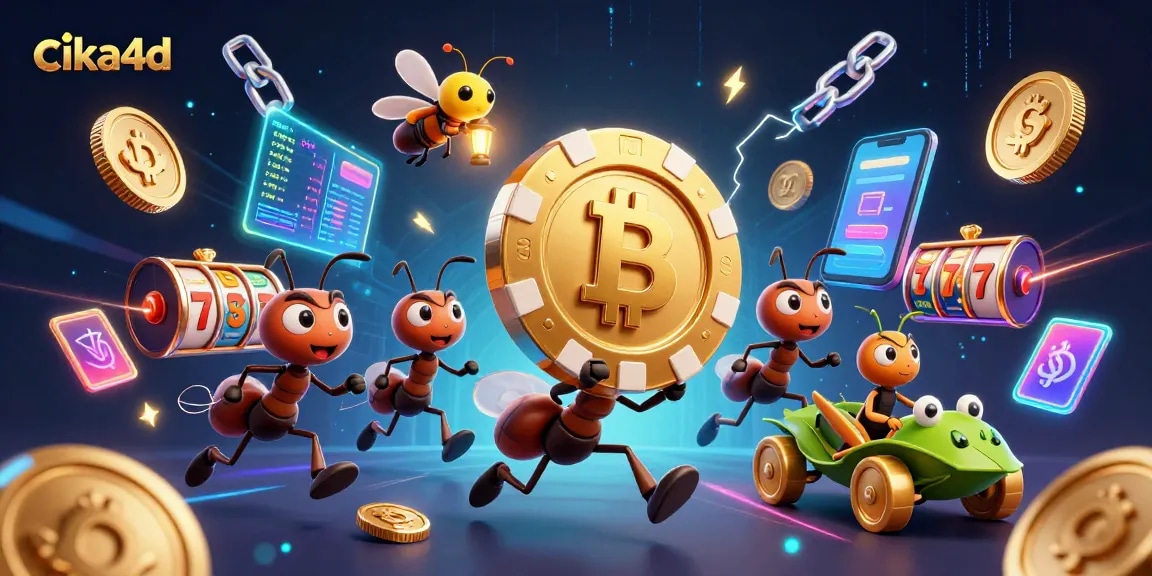 Experience the thrill of cika4d with ants heisting a golden poker chip amidst vibrant casino elements.