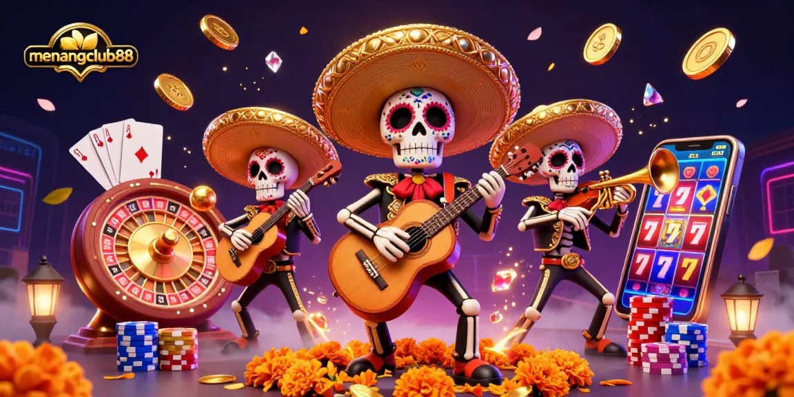 Experience menangclub88 with a lively mariachi band amidst casino elements, celebrating gaming excitement.