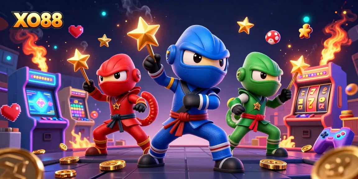 Experience thrilling gameplay with XO88's chameleon ninjas battling vibrant arcade elements.