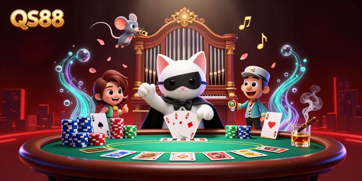 Experience the thrilling ambiance of QS88 casino with a vibrant illustration featuring interactive gaming elements.