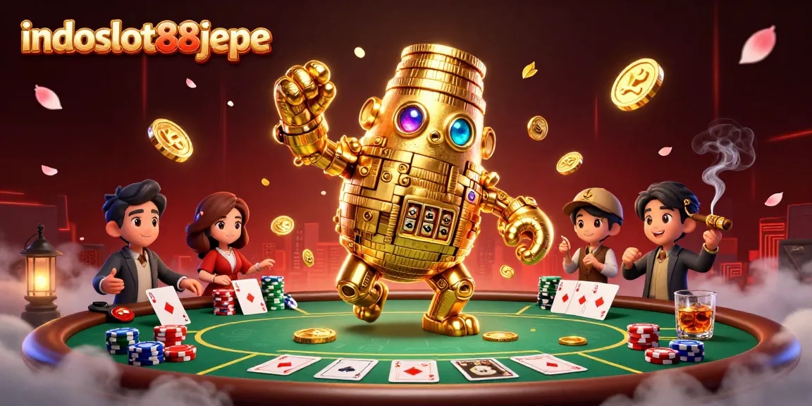 Engage with indoslot88jepe featuring a golden golem amidst poker action and vibrant casino elements.