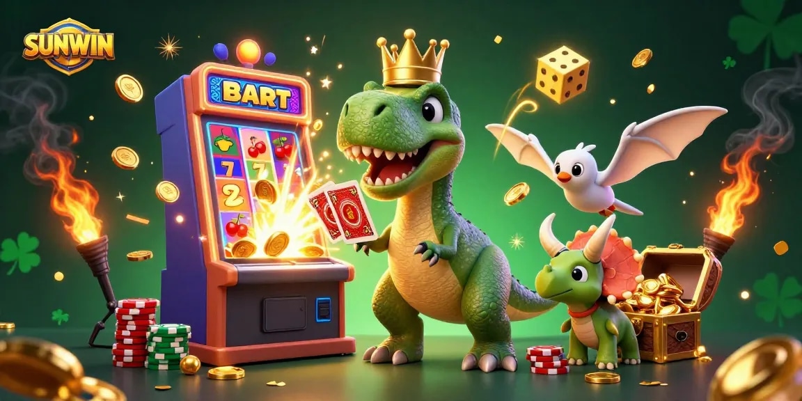 SUNWIN casino illustration with a T-Rex shuffling cards, surrounded by slot machines and golden chips.