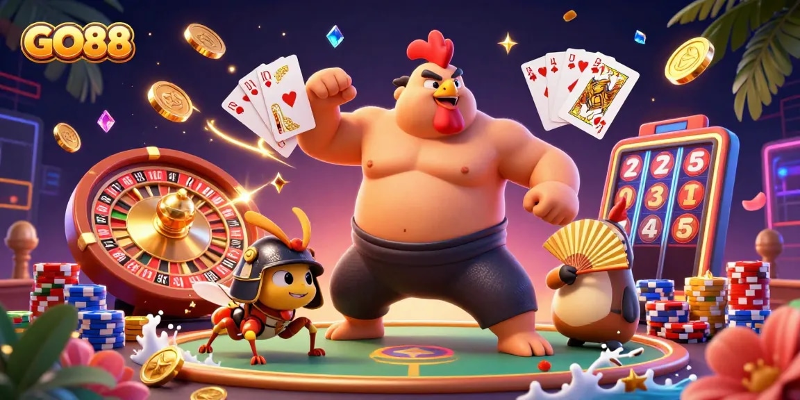 GO88 offers thrilling casino action with animated characters and sparkling gambling elements in a vibrant scene.