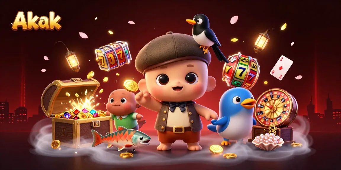 Akak oferece uma variedade de jogos de cassino online, incluindo slots e roleta, em uma ilustração vibrante.