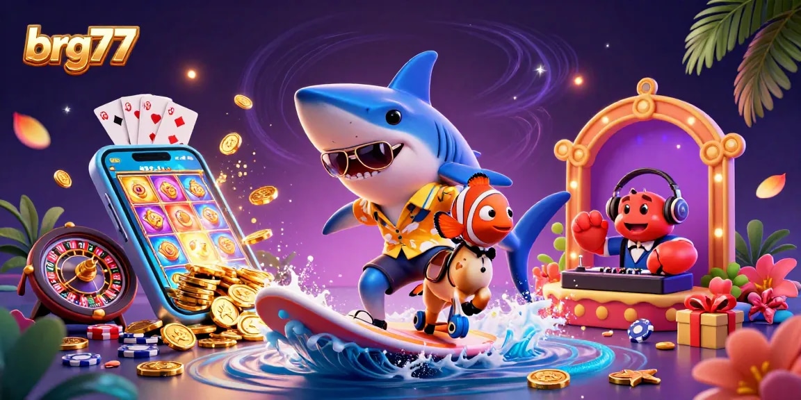 Experience brg77's exciting gambling adventure with animated characters and vibrant casino elements.