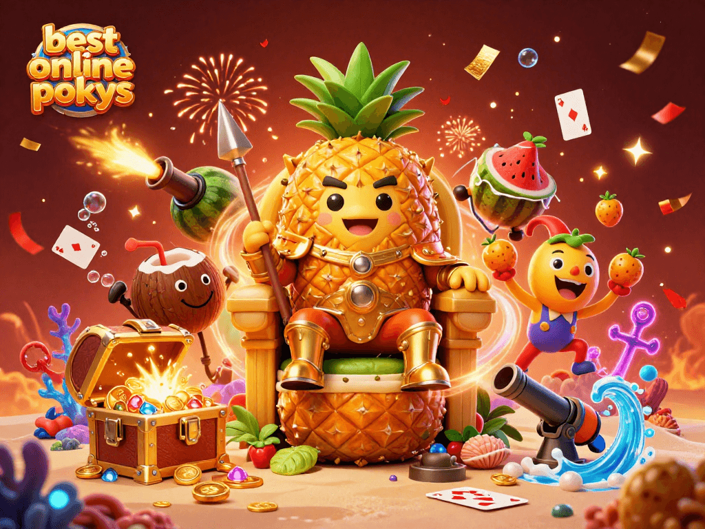 Experience the thrill with the best online pokies in this engaging 3D casino scene featuring a golden pineapple king.